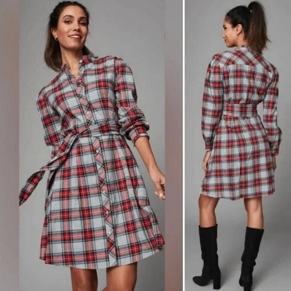 UNTUCKit Harrison Red Plaid Belted Button Down Shirt Dress Size 16